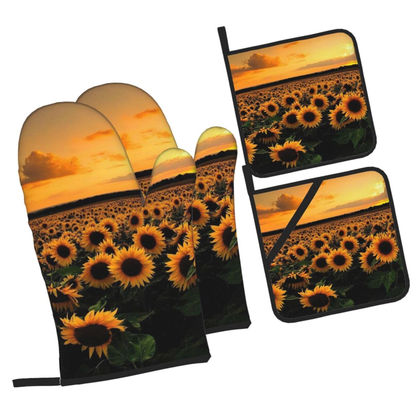 Sunflower and sunset Printed Oven Mitts and Pot Holders Heat Resistant Set of 4 Pcs, Modern Kitchen Gloves & Potholders for Cooking Baking Grilling