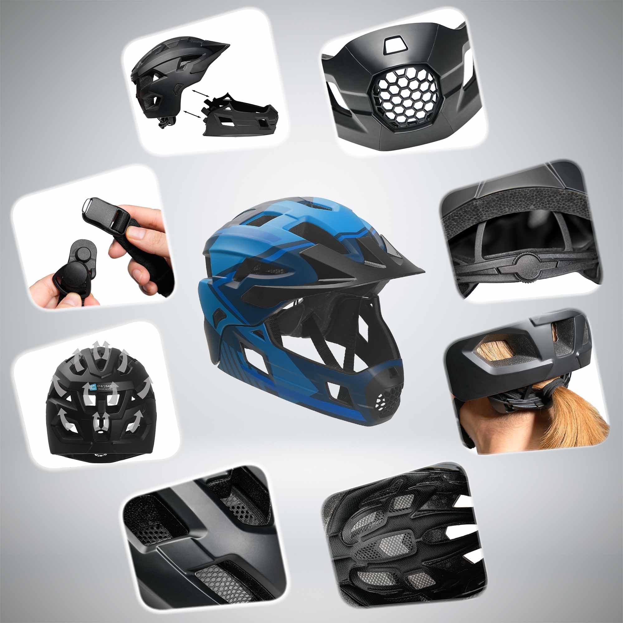 Crazy Safety Casque Vélo Intégral - Bleu | pour VTT, BMX, Skateboard | Casque Enfant avec mentonnière Amovible | Casque intégral et Standard | Casque de Motocross Taille M 54-57 cm