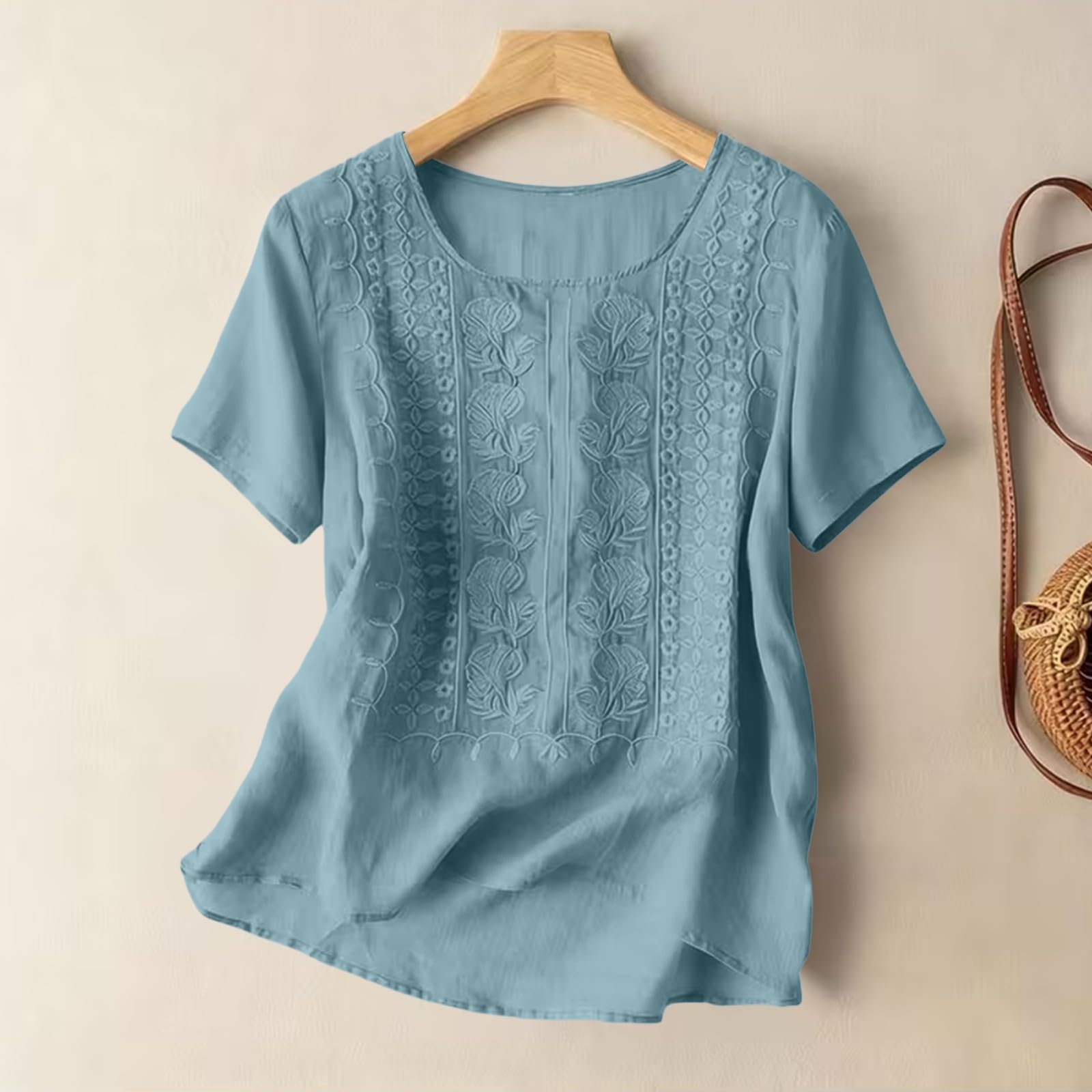 Generico Blusa Estiva Donna, Maniche Corte, Girocollo, Ricamo Traforato Decorativo per Outfit da Weekend (Azzurro 3X)