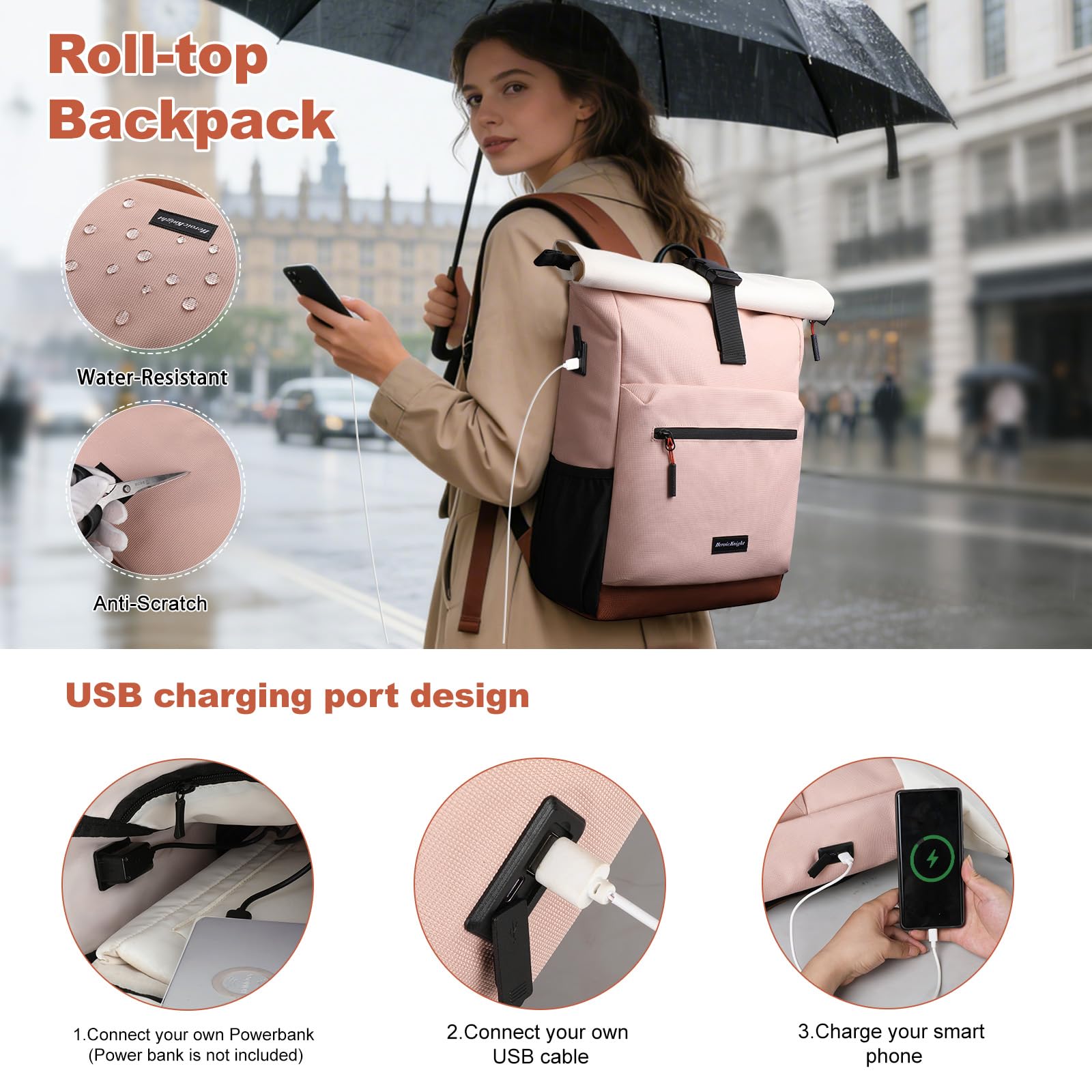 hk Mochila Roll Top para Mujer, Mochila Portátil para Laptop de 17 Pulgadas | Mochila Impermeable con Puerto USB A&C, Mochila Antirrobo Expandible 18-26L para Trabajo Universidad Viajes y Uso Diario,Rosa