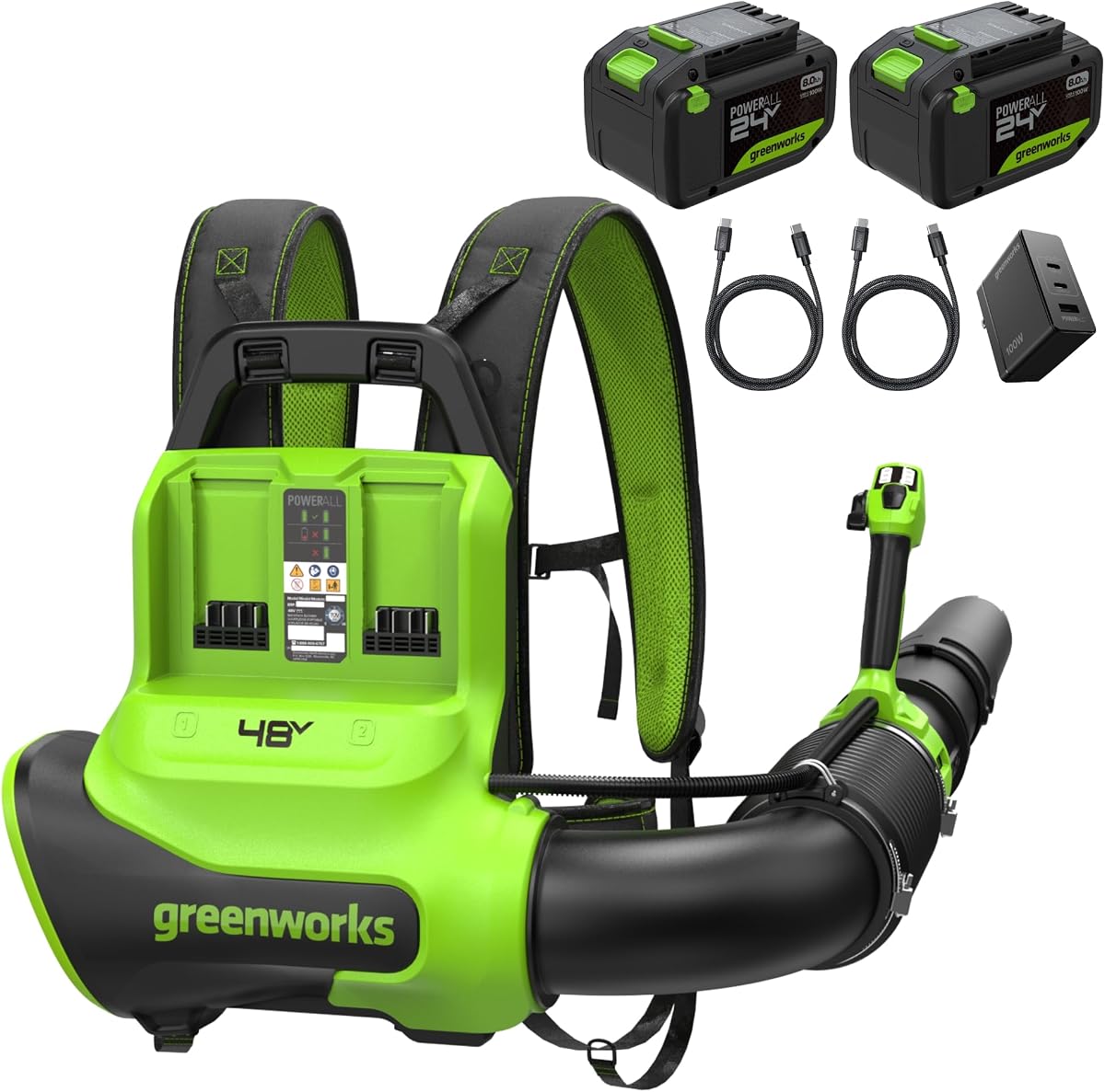 Soplador de hojas eléctrico Greenworks de 48 V, 730 CFM, (2) baterías de 8,0 Ah, cargador