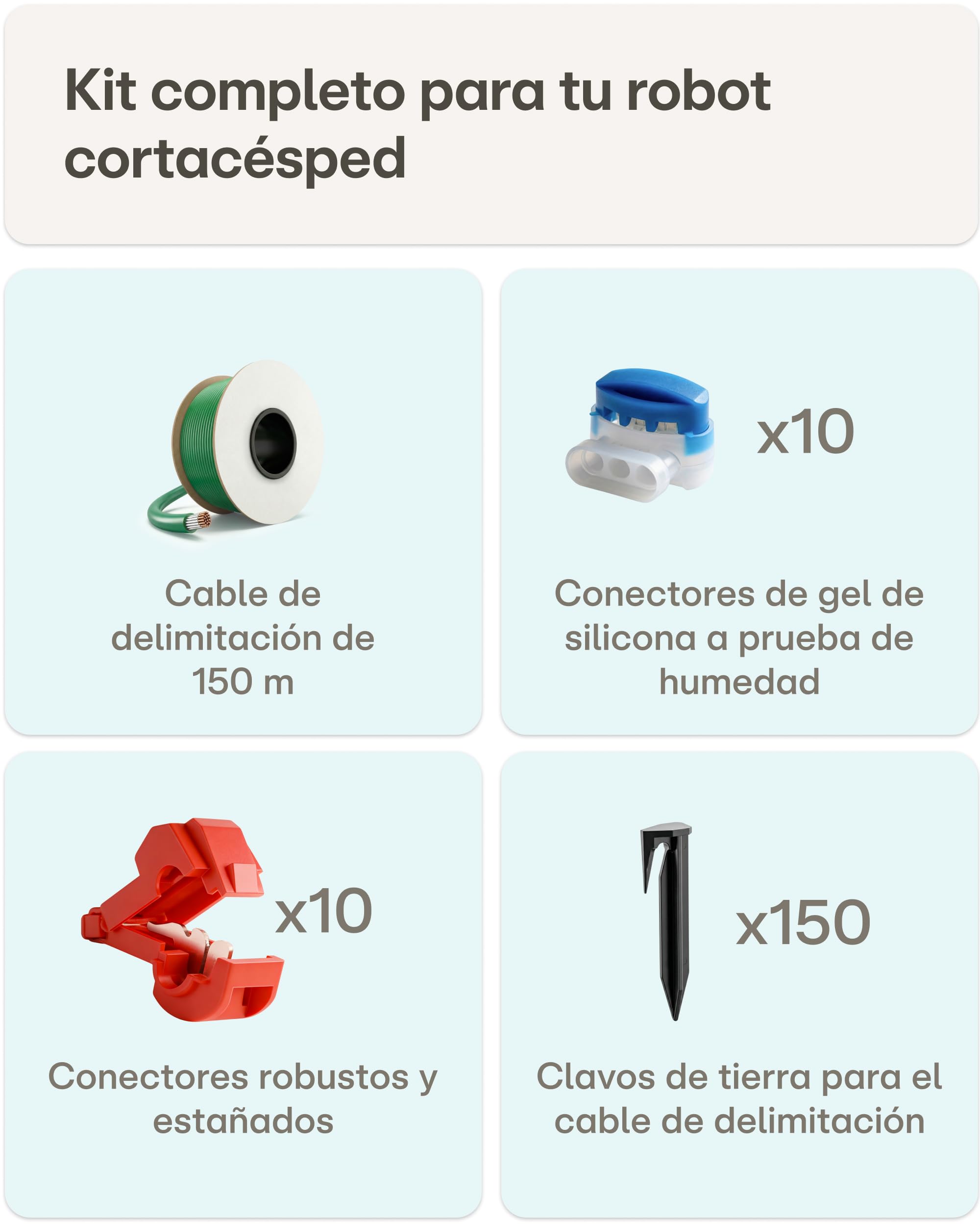 Praknu Kit Cable Delimitador Robot Cortacésped (150 m) – Cable Perimetral con Conectores – Incluye 150 m de Cable, Piquetas y Conectores Gel – Accesorios Robot Cortacésped Universales