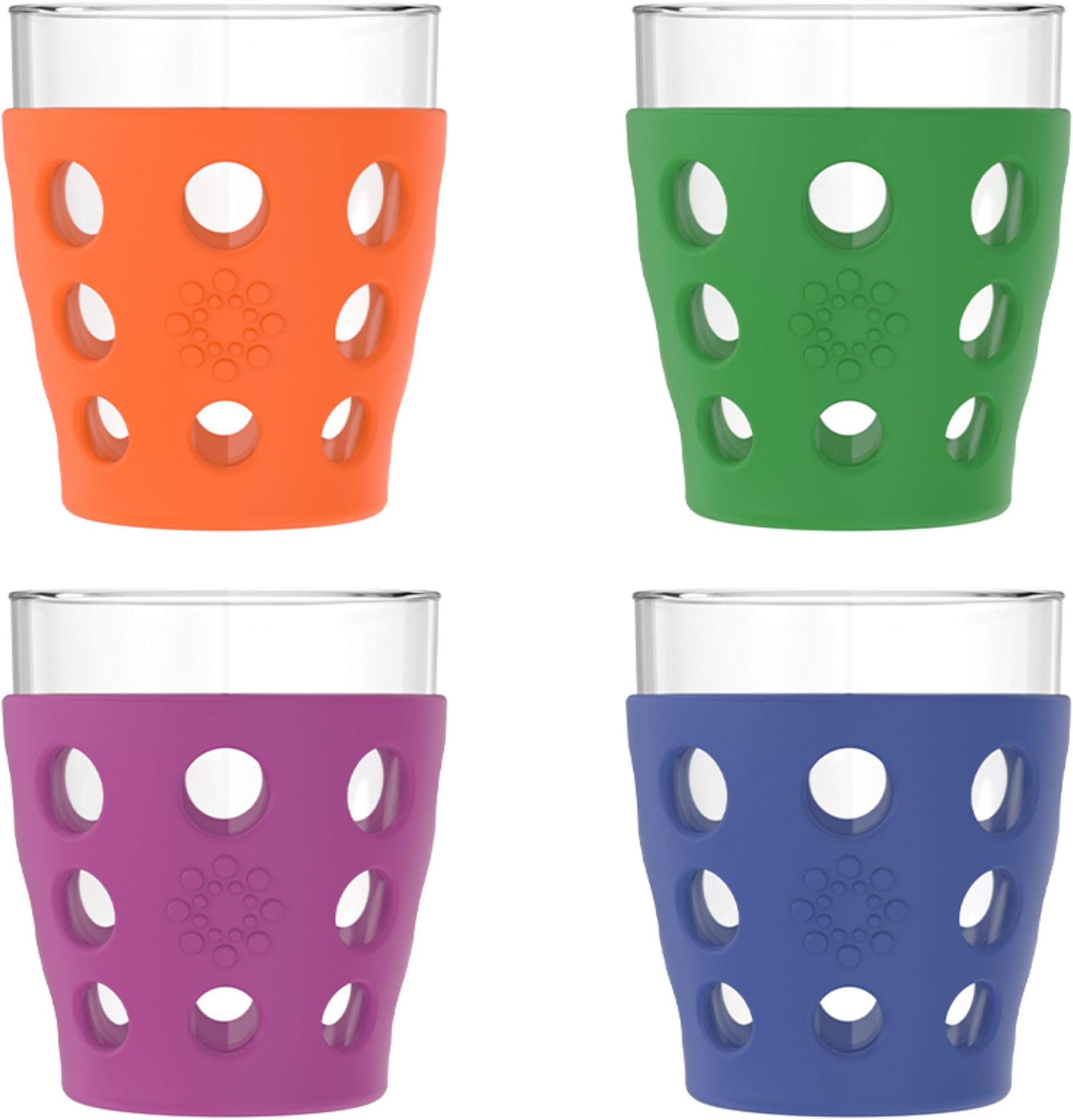 Lifefactory10-Ounce BPA-Free Indoor/Outdoor Beverage Glass with Protective Silicone Sleeve, 4-Pack, Orange, Grass Green, Cobalt, Huckleberry