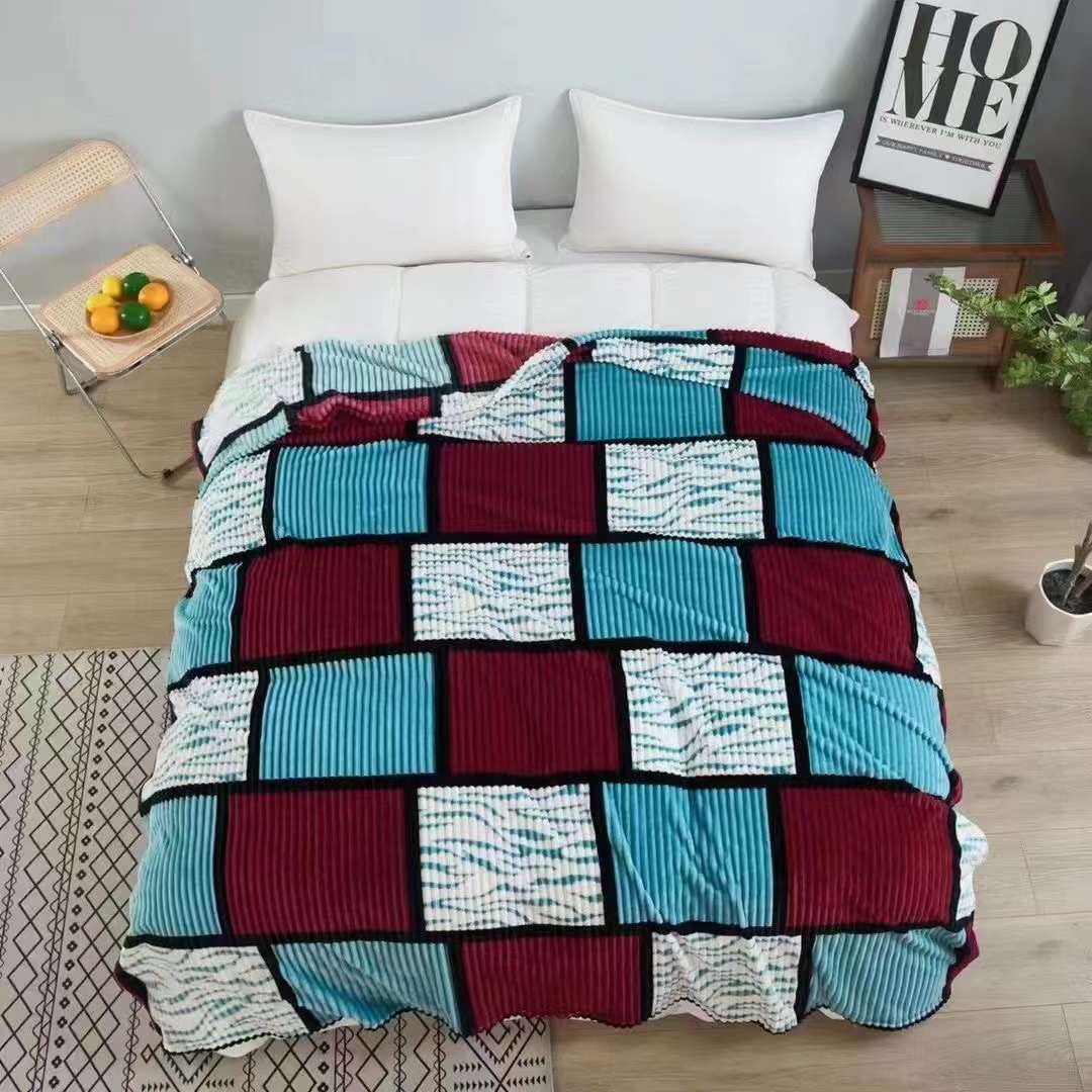 BESCH Jacquard Flannel Blanket 220 x 240 cm Reversible for Sofa Bed – Large Fleece Winter Blanket, Super Soft, Cozy and Comfortable (Light Blue-Maroon)