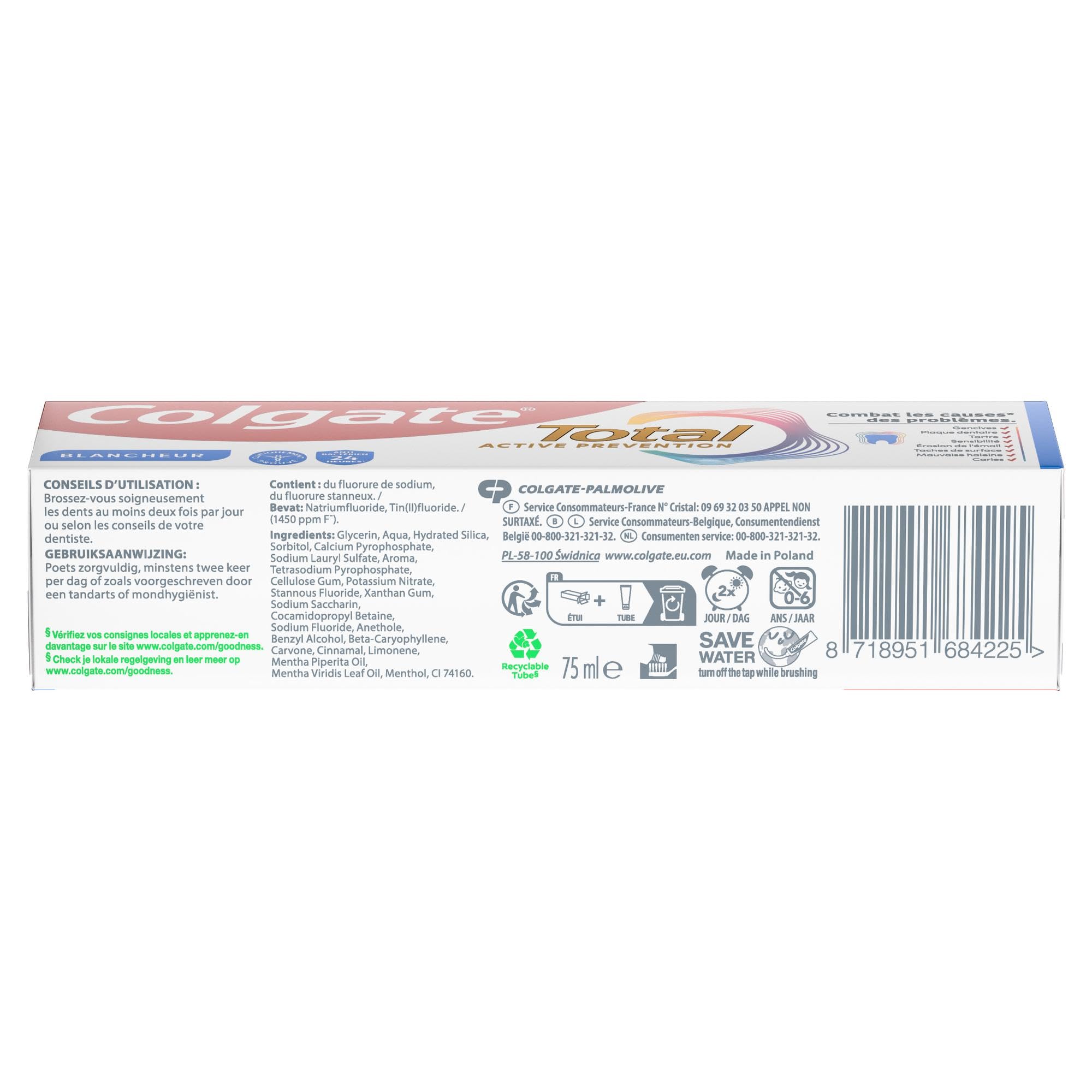 Colgate - Total Prévention Dentifrice 24h Active Blancheur Naturelle - Réduit les taches de surface - 12x75ml