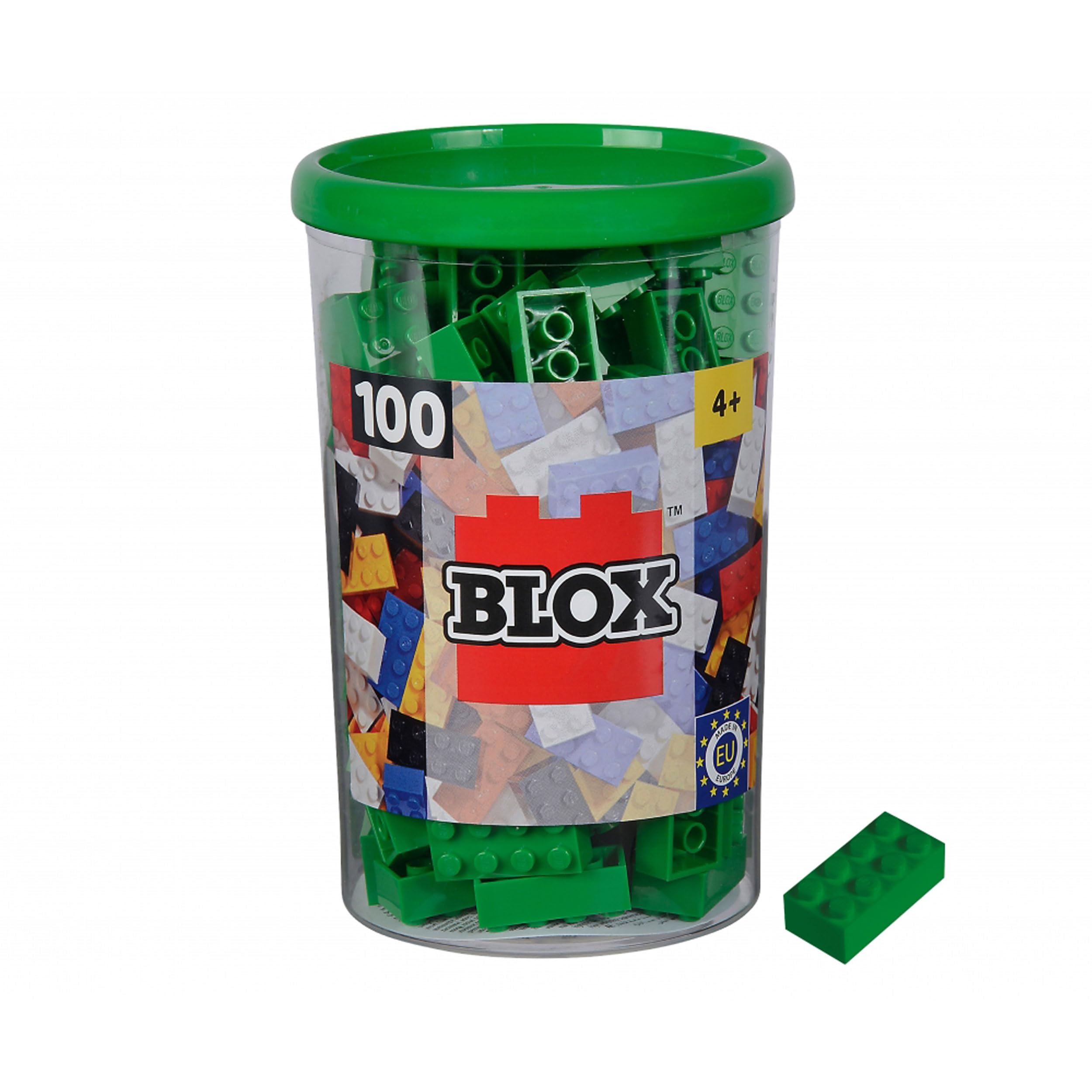 Simba 104114542 Blox, 100 Green Building Blocks for Children from 3 Years, 8 Bricks, in Tin, Fully Compatible with Many Other Manufacturers