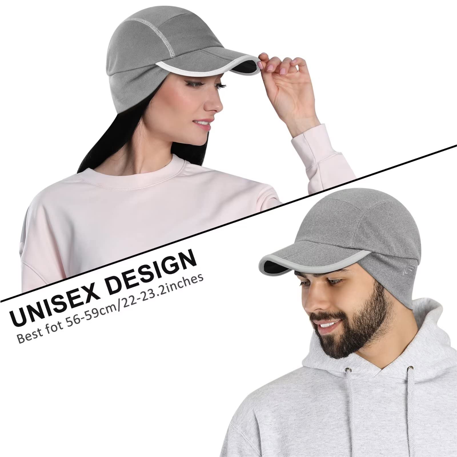 GADIEMKENSD Fleece Ball Cap with Drop Down Ear Warmer Foldable Brim Reflective Winter Running Hats for Women Mens Baseball Cap Earflap Cover for Outdoor Hunting Hiking Golf Snow Ski Unisex Light Gray
