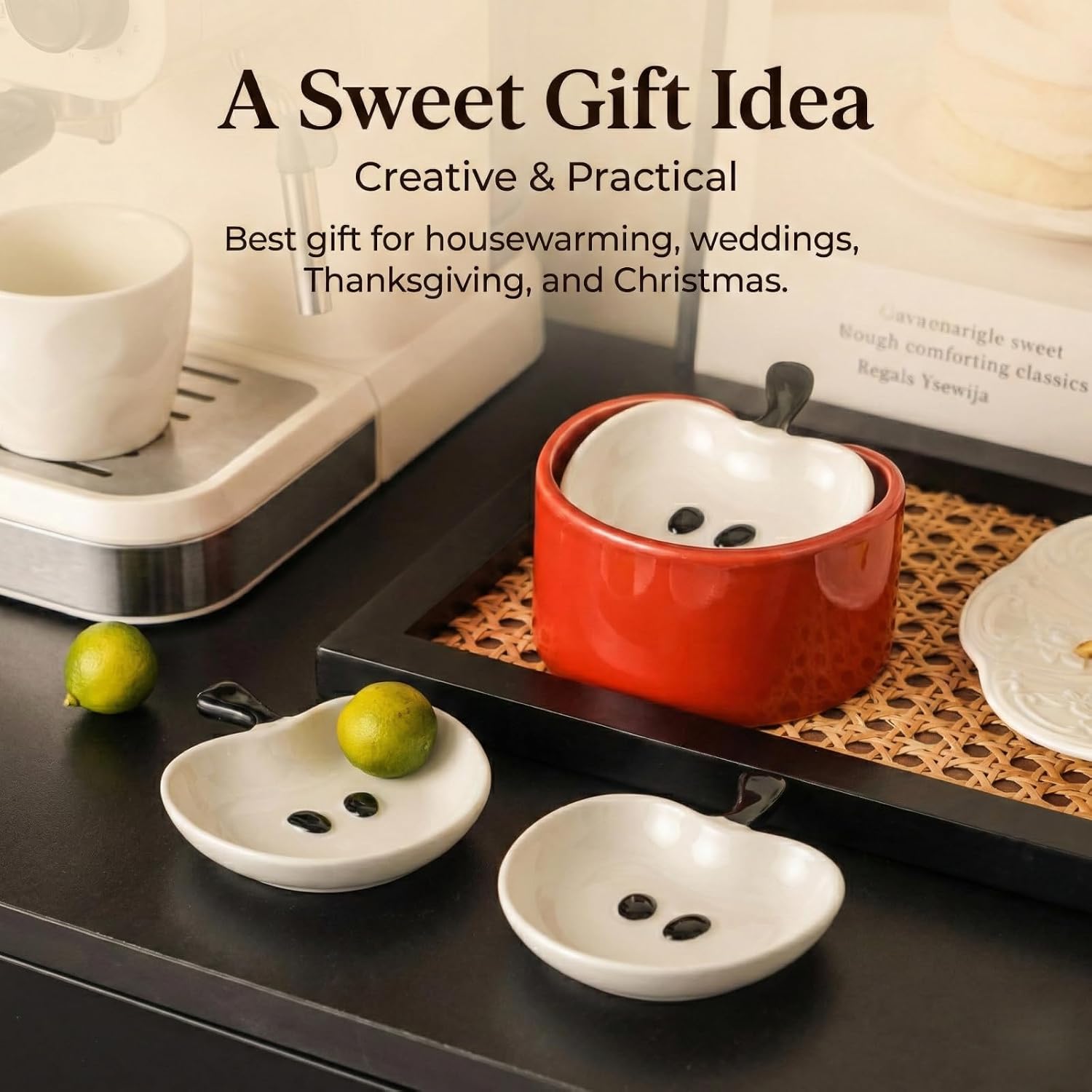4 Piece Set Dipping Bowls with Holder - Apple Shaped Ceramic Sauce Dish, Cute Small Bowls for Dips, Soy Sauce, Ketchup, Appetizer - Red and White