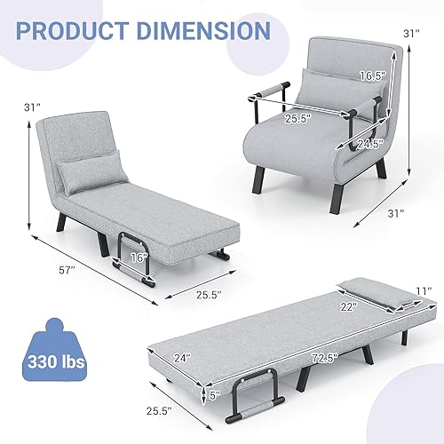 Miniatura 17 de POWERSTONE Silla convertible cama cama 4 en 1 para sala de estar, silla de lectura con almohada, brazo y respaldo ajustable de 5 posiciones, sofá
