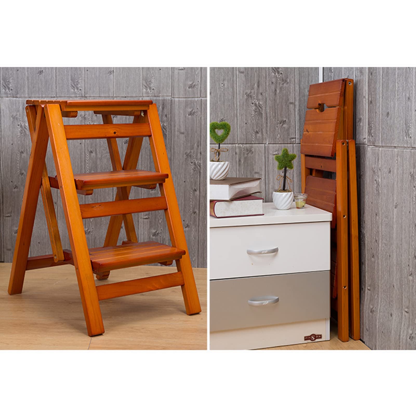 Escalera plegable antideslizante en madera noble de nogal para biblioteca
