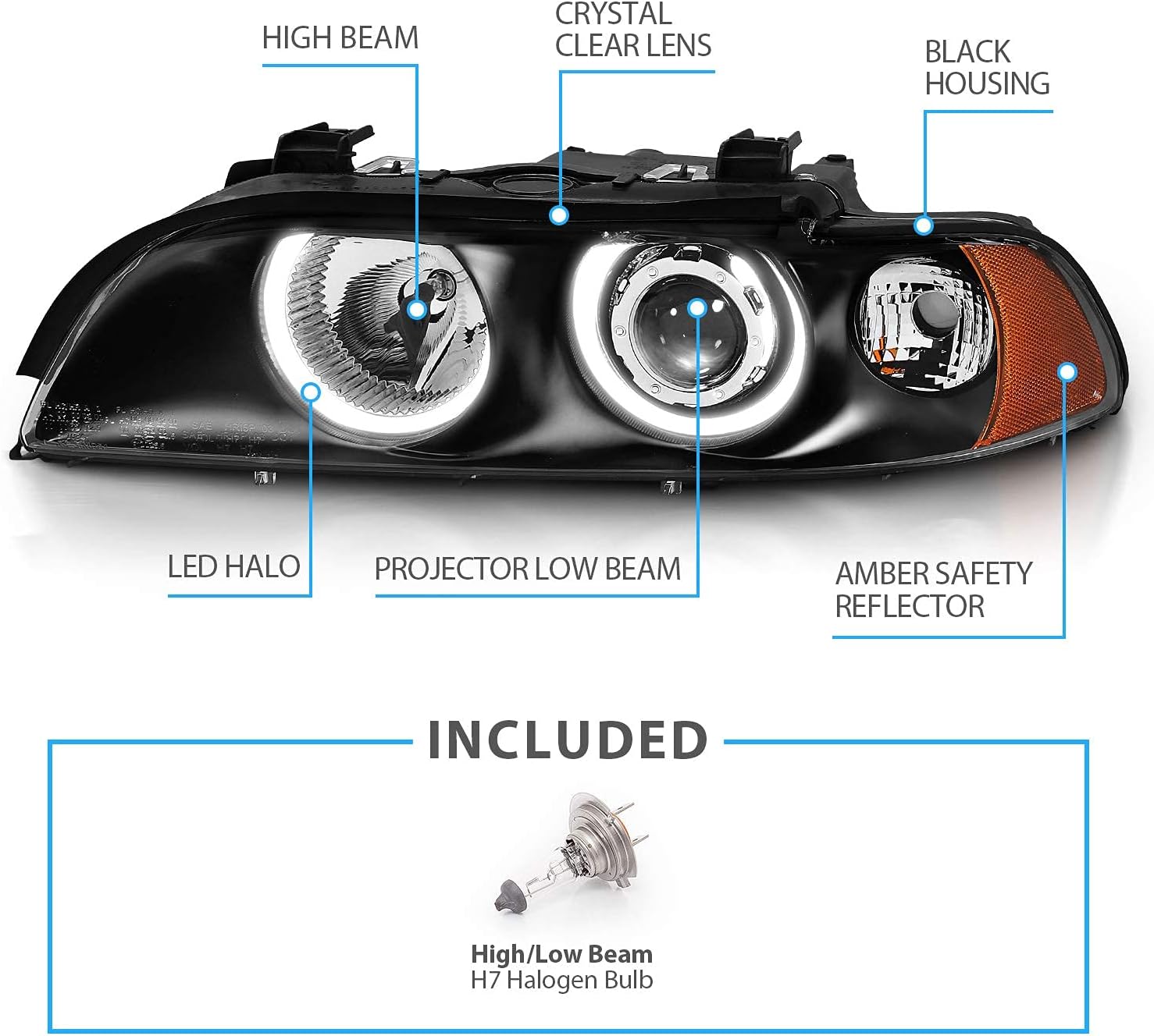 AmeriLite Projector Replacement Halogen Headlights Dual LED Halo Set For 97-03 BMW 5 Series E39 Sedan - Passenger and Driver Side, Vehicle Light Assembly, Black