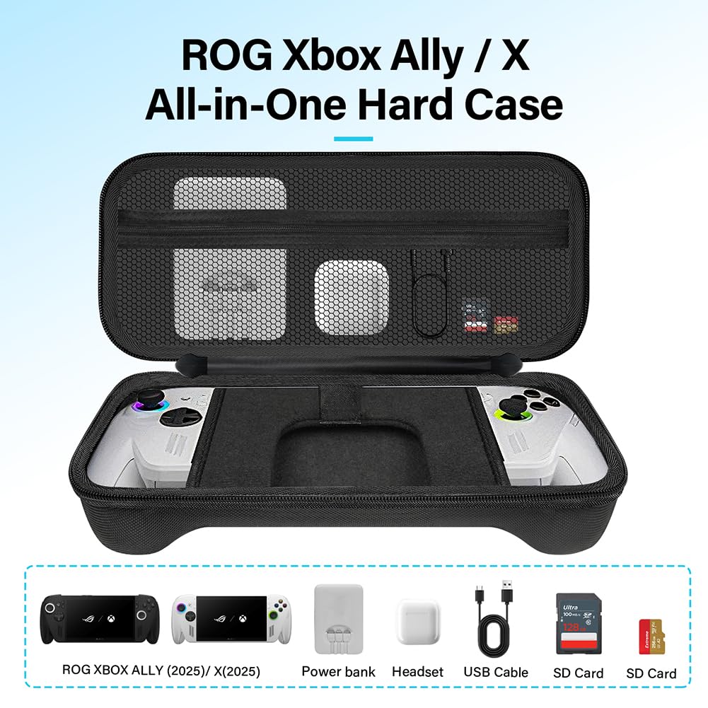 Lokyoyo Funda de transporte compatible con ASUS ROG Xbox Ally/Xbox Ally X 2025, con bolsillo de malla y soporte integrado para consola y accesorios