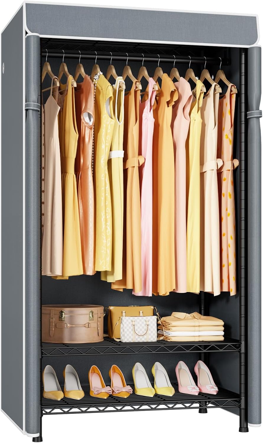 H5C Clothes Rack with Cover, Portable Closet for Hanging Clothes, Covered Clothing Racks Heavy Duty, Freestanding Garment Racks with Shelves, Max Load 360LBS Black Closet Rack with Gray Cover Black Rack with Gray Cover