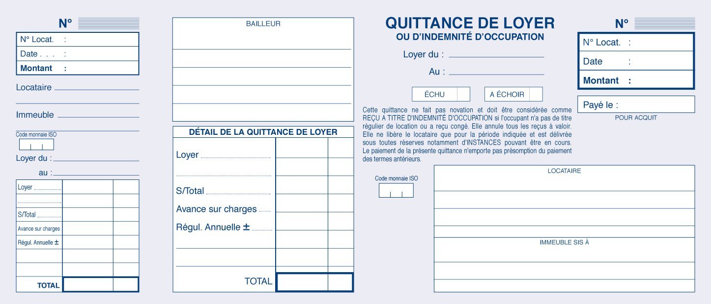 ELVE Lot de 5 Carnets à souche QUITTANCES DE LOYER 105 x 245 mm 50 Feuillets