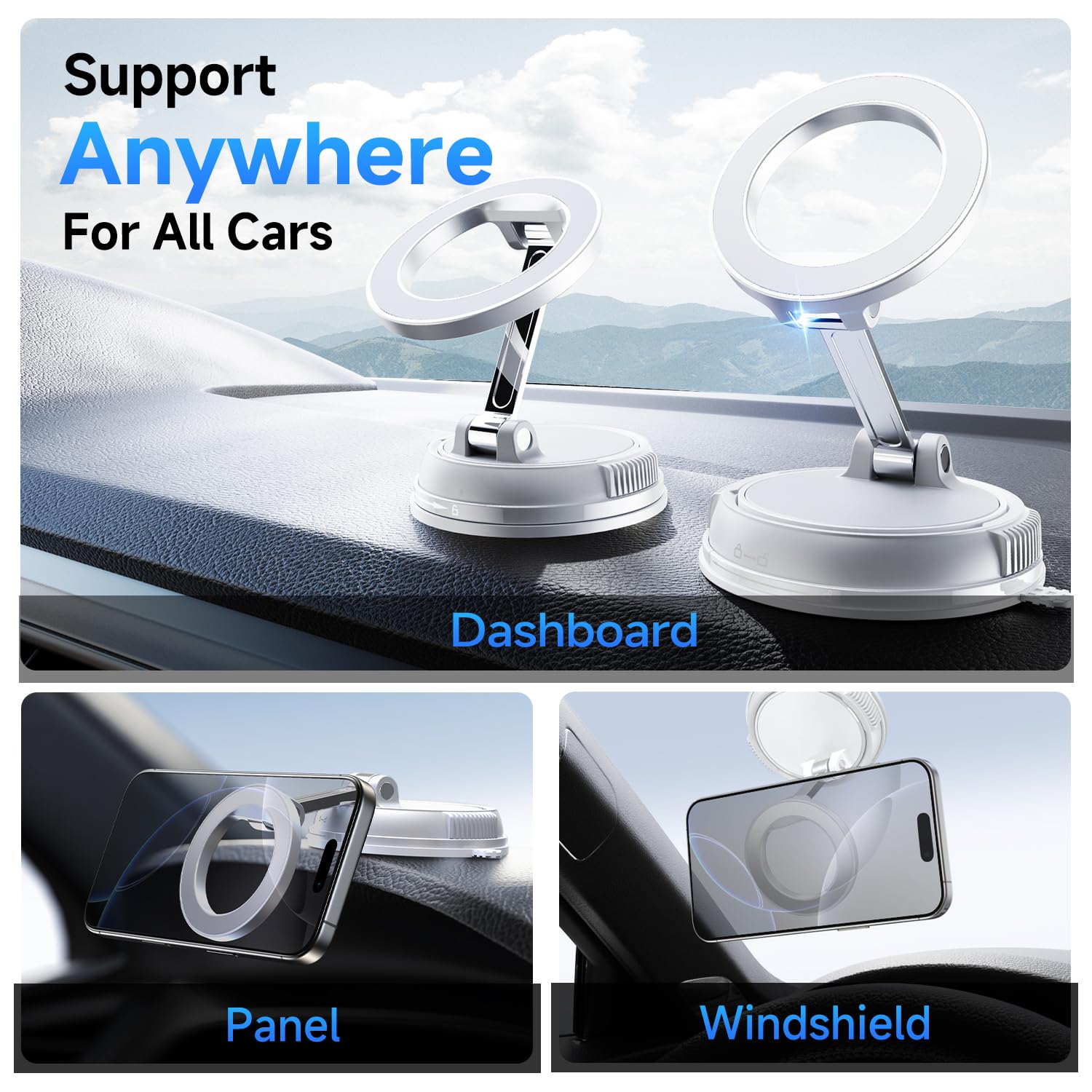 ANDERY Car Phone Holder for Magsafe [78+LBS Strongest Suction & 2400gf Strongest Magnetic] 360° Adjustable Car Phone Mount, Phone Holders for Your Car for iPhone 17-12 Pro Max Air Plus ((White) view 2