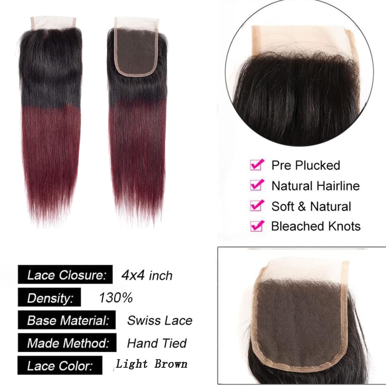 Brazilian Ombre 1B 99J Straight 4x4 Lace Closure 100% Unprocessed Human Virgin Hair Red Wine Pre-Plucked Hairline 2 Tone 1b/99j Front 1B Burgundy Closure 18 Inch - Image 4