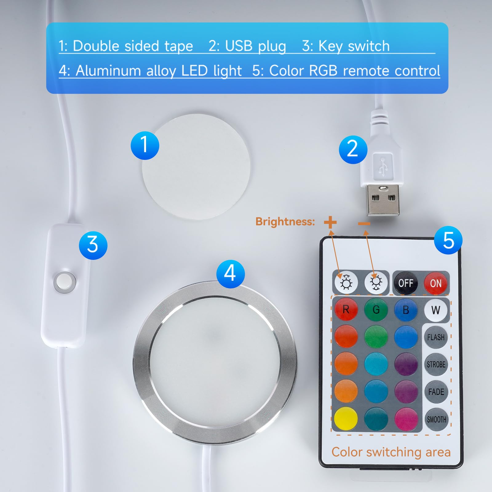 5PCS Remote Control RGB LED Lamp Kit 001 for Bambu Lab Multicolor RGB Includes Button Battery Makerworld 3D Printed DIY Hardware Model Spare Parts 5V USB Powered