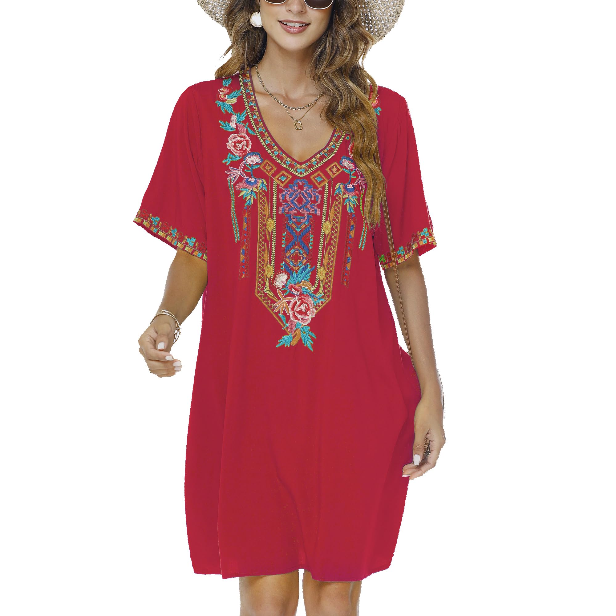 Vakakado Frauen Sommer Boho Mexican Peasant Dress Kurzarm Floral Bestickte Flowy Kleider Lose Hippie Bohemian Tunika