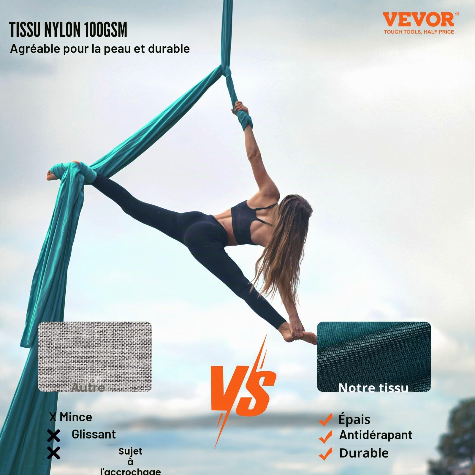 VEVOR Hamac de Yoga Aérien 8x2,8 m Kit Balançoire de Yoga Inversion Danse Aérienne en Nylon 100 g/m² Charge 1000 kg Vol Anti-gravité d'Air pour Fitness Musculation Pilates Gym Maison Studio Vert