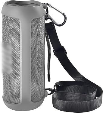 حافظة سيليكون لـ JBL FLIP 6 سماعة بلوتوث محمولة للماء ، غطاء مطاطي ناعم للبشرة ، حقيبة تخزين محمولة للسفر مع حزام الكتف وكاربينر - رمادي