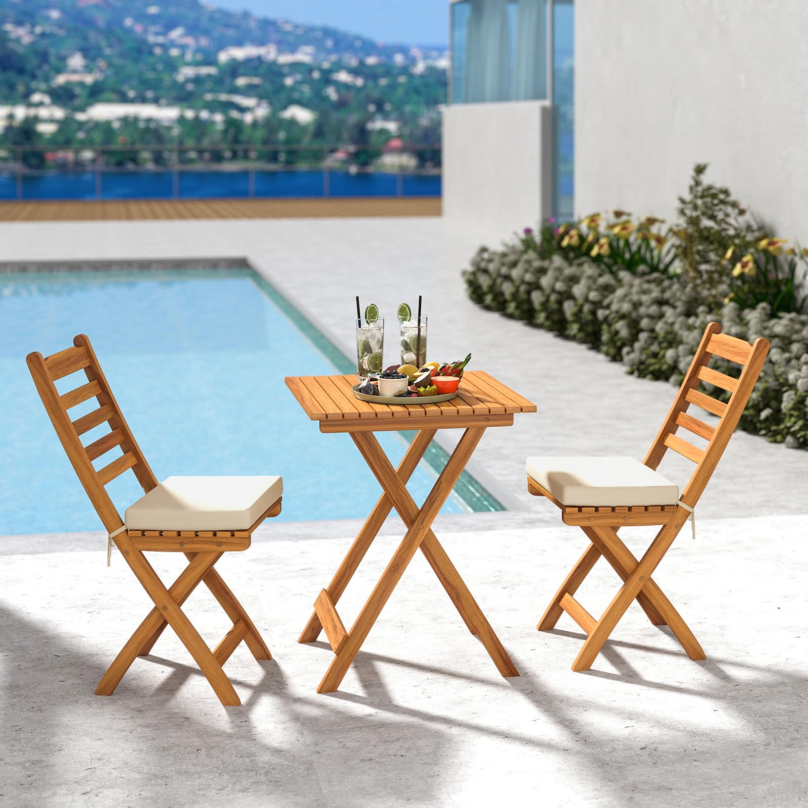 GIANTEX Mobili da balcone piccolo balcone, tavolo da bistrot con 2 sedie, set di mobili da giardino in legno pieghevole, set da balcone per esterni, per 2 persone, set da giardino con cuscino