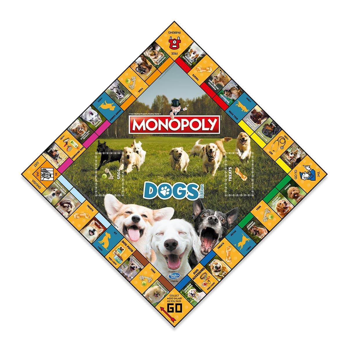 Winning Moves Jeu de société Dog Monopoly, jouez avec vos chiens préférés de Poméranie, Husky de Sibérie et Shiba Inu, 2 à 6 joueurs est un excellent cadeau pour les enfants de 8 ans et plus