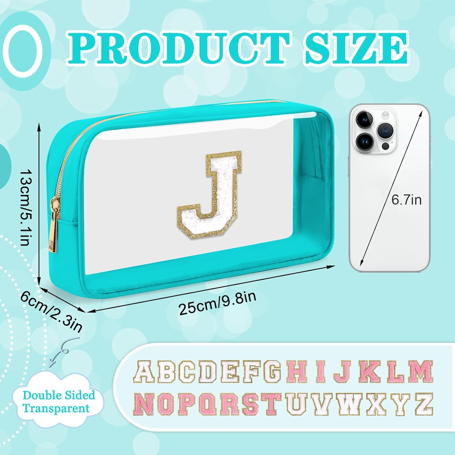 Small Clear Personalized Initial Makeup Bag,Nylon Preppy A-Z Chenille Letter Patch Cosmetic Pouch Beach Toiletry Bag,Waterproof Zipper Travel Purse Storage Bag Organizer for Women Girls(Cyan-White J) image 2