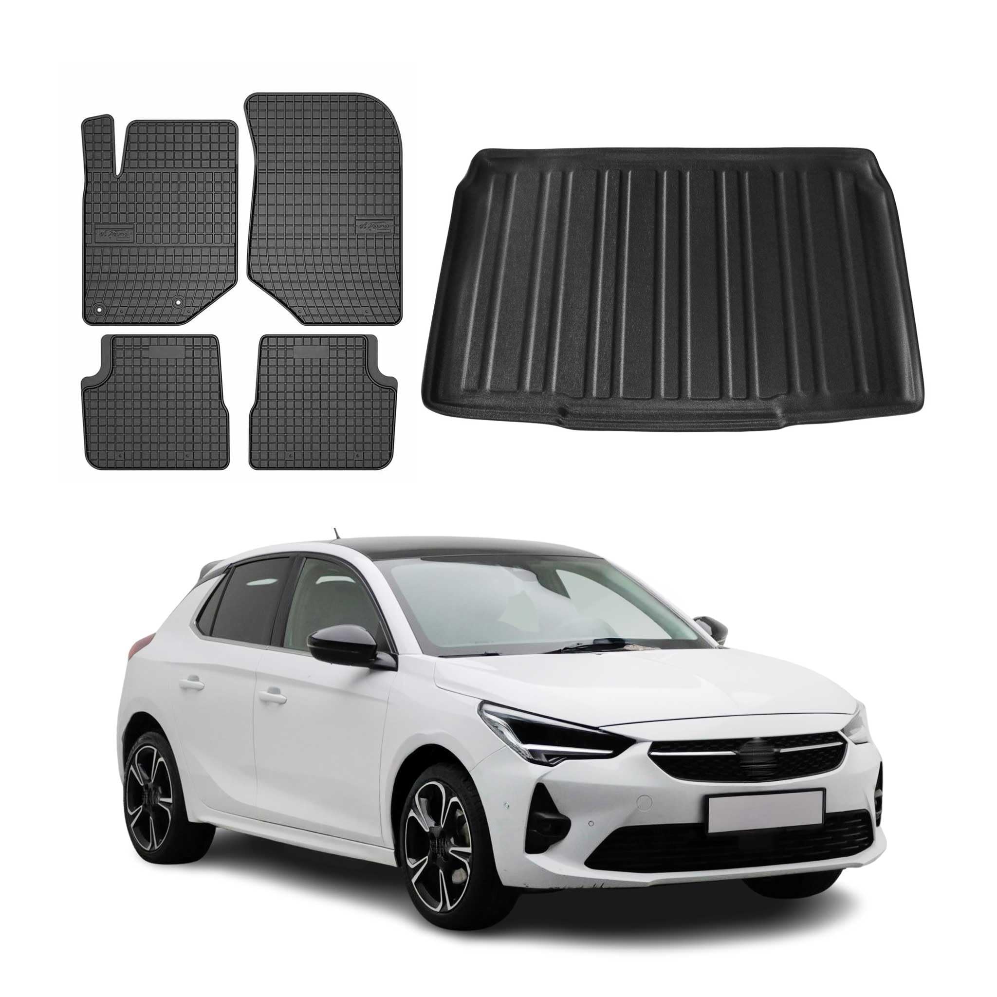 OMAC Fußmatten & Kofferraumwanne Set kompatibel mit Opel Corsa F 2019-2024 Gummi TPE Schwarz 5X