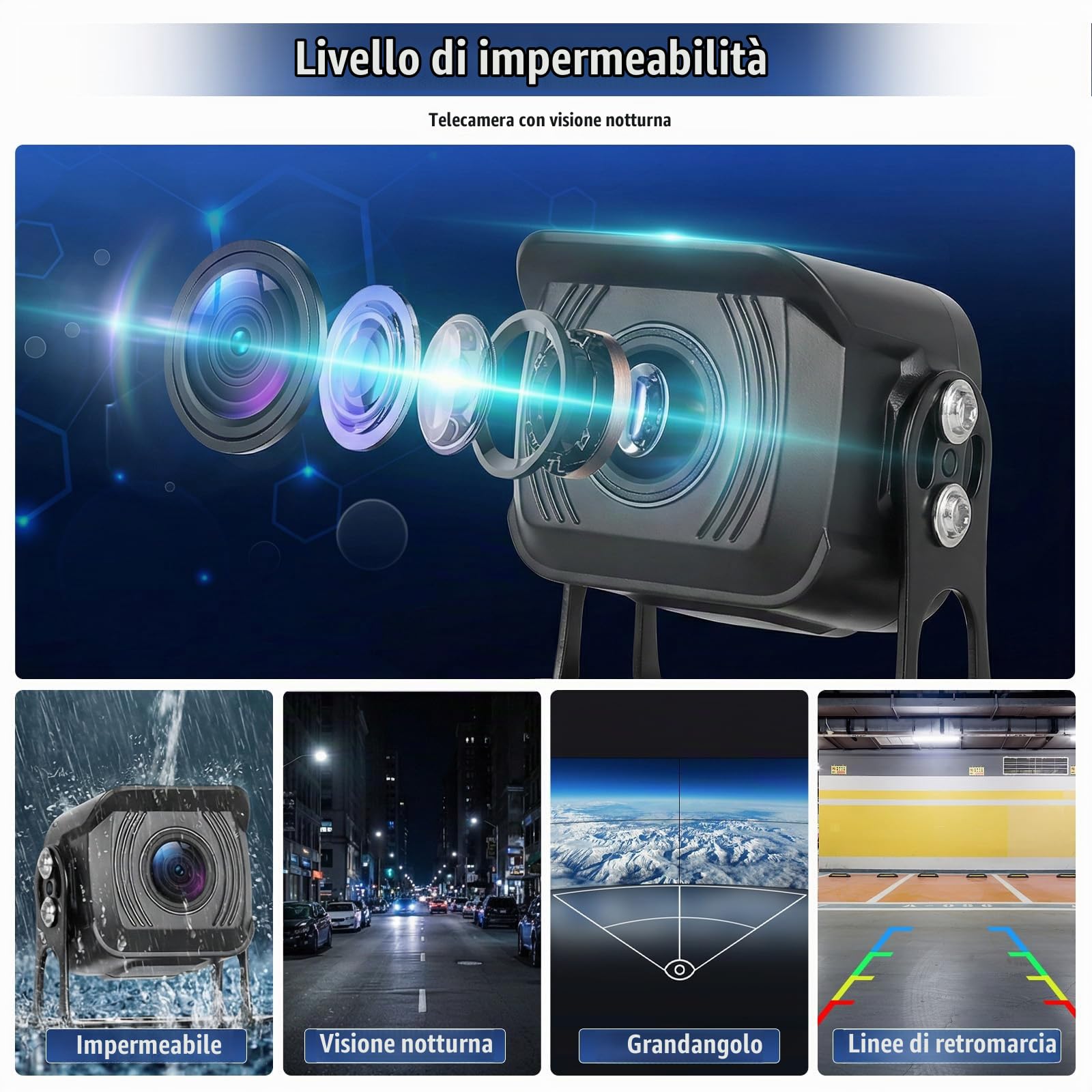 Telecamera Posteriore Set di 4 Telecamere Cablate, Monitor IPS HD da 10,1 Pollici 4K DVR con BSD, Impermeabile IP68, Registrazione, Monitoraggio del Parcheggio, Linee di parcheggio, 12V-24V