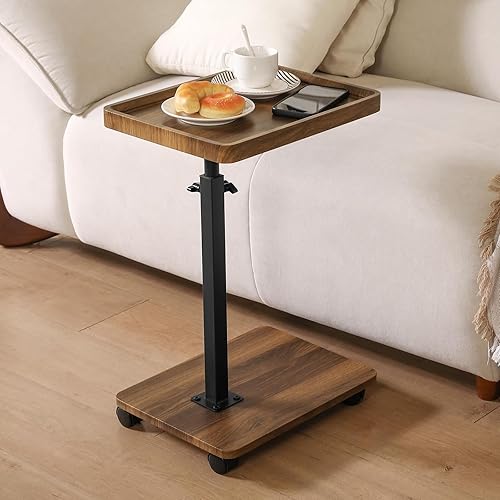 Adjustable Height Couch Tables That Slide Under Sofa, 360° Swivel Modern Tv Tray Table with Wheel, C Shaped End Table for Couch, C Table for Small