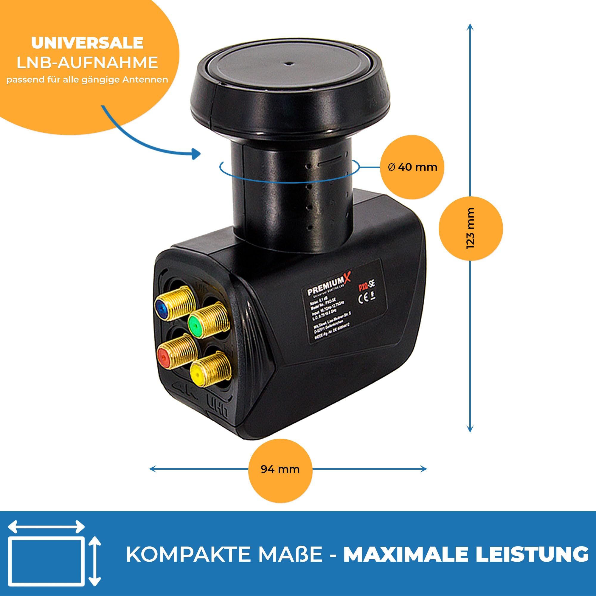 PremiumX Quattro LNB per Multiswitch - Convertitore di segnale TV Multiswitch con protezione dalle intemperie - LNB satellitare digitale in nero con inclusi 8 connettori F - DVB-S2 8K UHD 4K Full HD