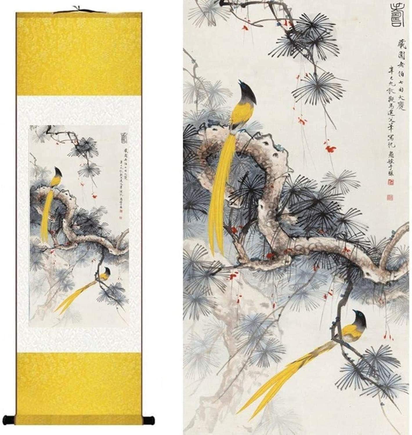 Vrfvsdasaas Unique Colour Chinese Wall Art, Chinese Wall Art Scroll Painting,Mural Watercolor Style Traditional Silk Flower Pin Yellow Bird Ink