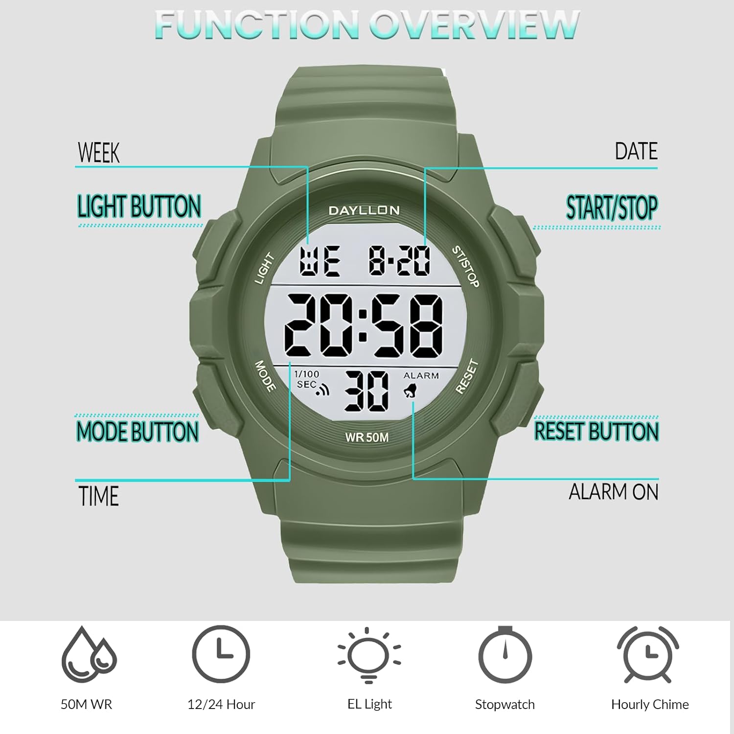 Dayllon Watch for Men Digital Sports Watches Waterproof Military Multifunction Chronograph Stopwatch Wristwatch with LED Backlight/Alarm/Date - Image 2