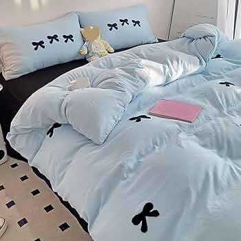 最高級新品☆ブルー＆ホワイトレトロリボン掛け布団カバー枕カバー3点