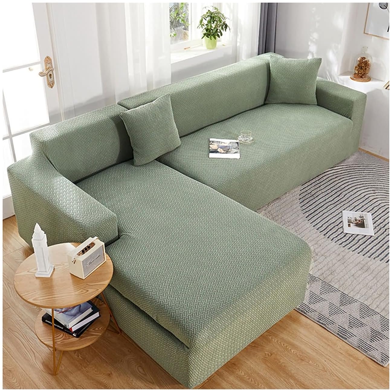 Daesar Stretch Loveseat Sofa Cover, Couch Slipcovers for 3 Cushion Couch Solid Color Weave Pattern Couch Slipcover Light Green (Polyester 3 Seater)