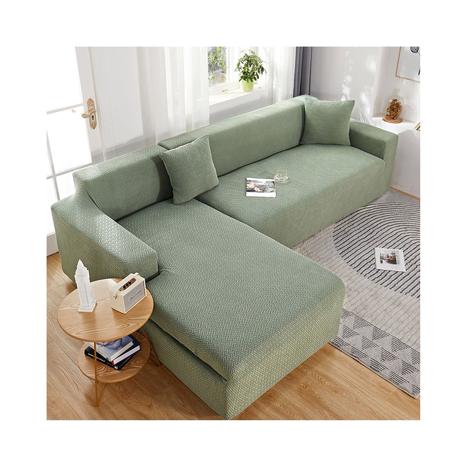 Housse de canapé 4 places couleur unie revêtement élastique vert clair