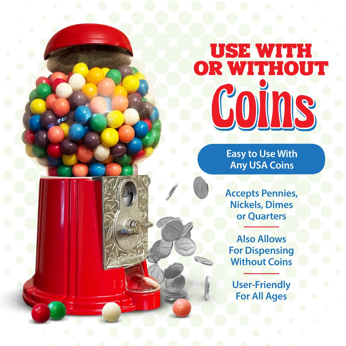 American Gumball Company - Metal 11-Inch Retro Style Red Gumball Machine, Made For 0.62 Inch Gumballs, Candy or Nuts, Accepts Any US Coin