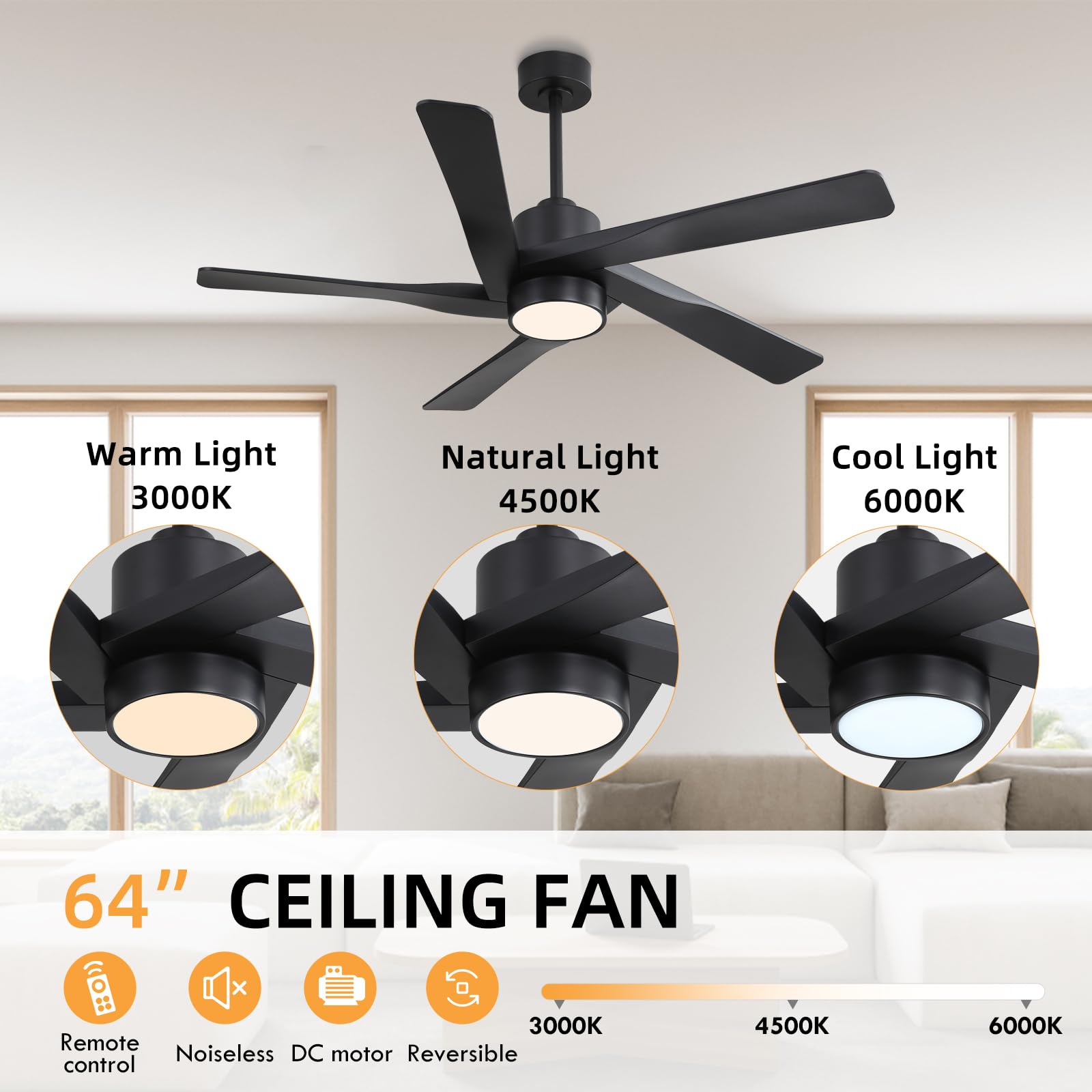 WINGBO 64 ABS DC Ceiling Fan with Lights 5 Blade ABS Plastic Ceiling Fan with Remote 6-Speed Reversible — view 5