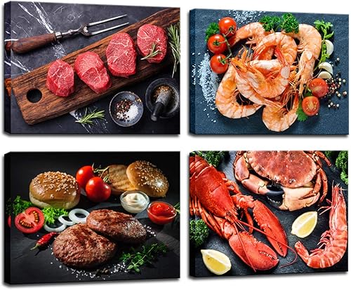 Biuteawal - Impresiones en lienzo de comida deliciosa para cocina, decoración de pared de filete y camarones para cocinar en lienzo, 4 piezas de