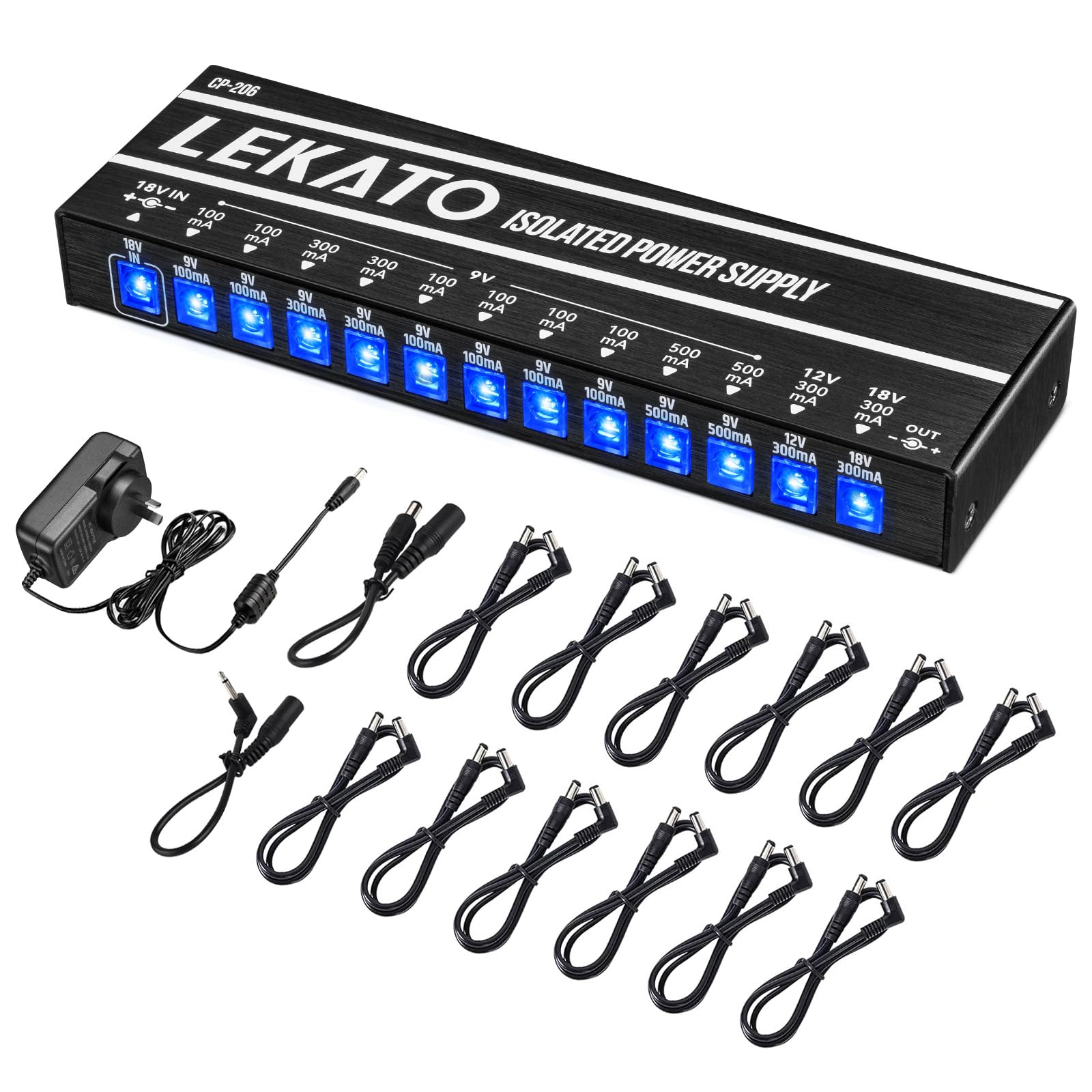 LEKATO Alimentatore per Chitarra, 12 Uscite CC Isolate per 9 V/12 V/18 V, 100 mA 300 mA 500 mA Alimentatore per Effetti a Pedale con Protezione da Corto Circuito per la Ricarica di Strumenti Musicali