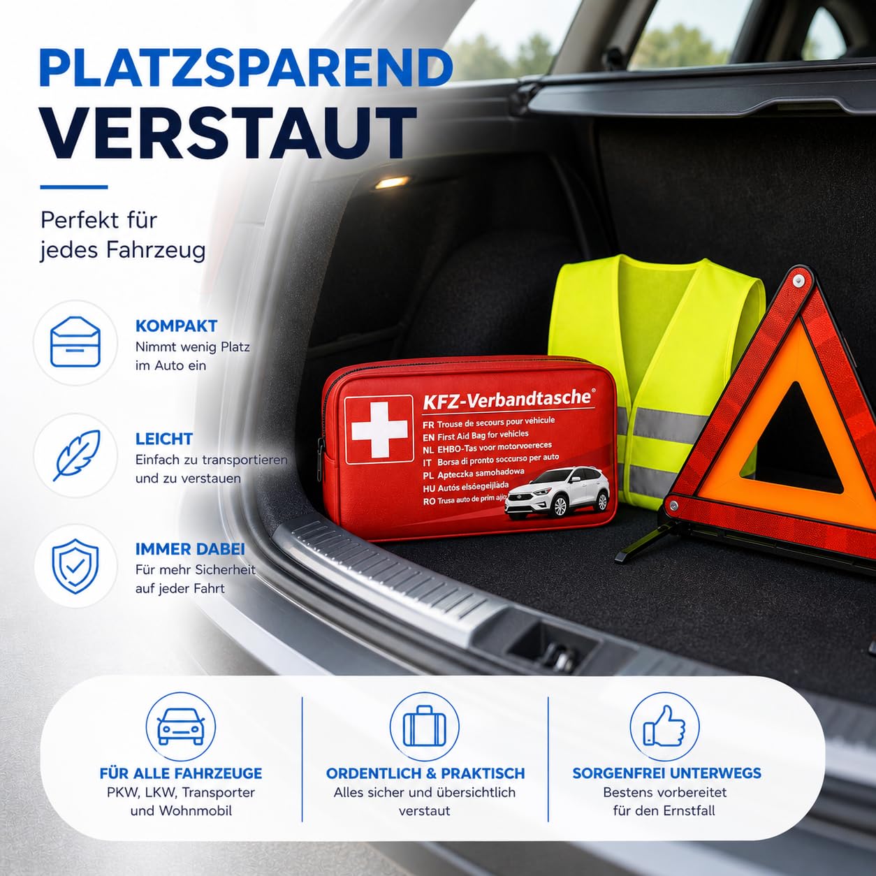 3 en 1 - Trousse de premiers secours & gilet de sécurité & triangle de signalisation - Certifié & norme actuelle - Ensemble d'accessoires pour voiture 2026 - Kit de premiers secours pour