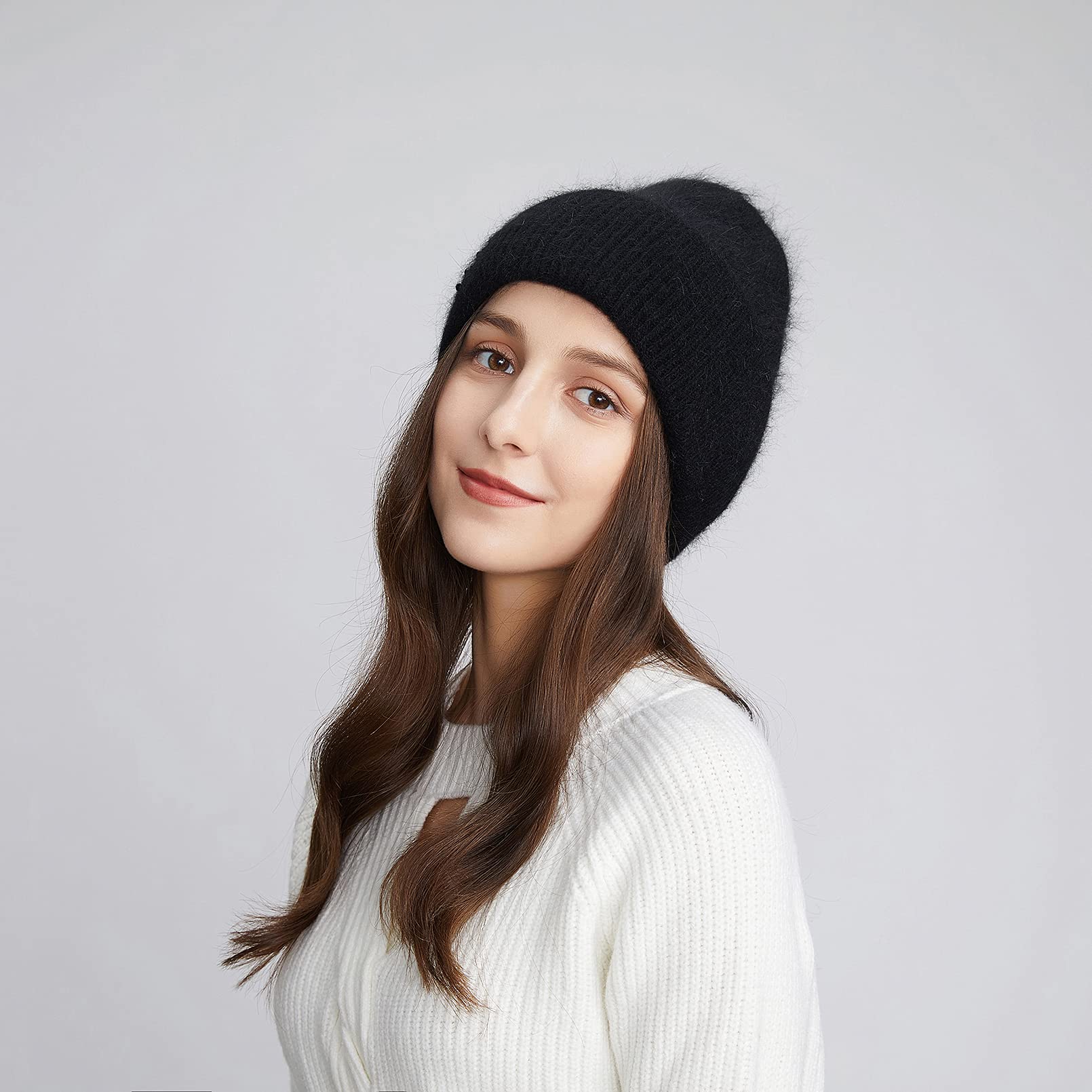 BeFur Bonnet à pompon en cachemire pour femme - Chaud - Côté large avec strass - Pour l'hiver, Noir , Taille unique