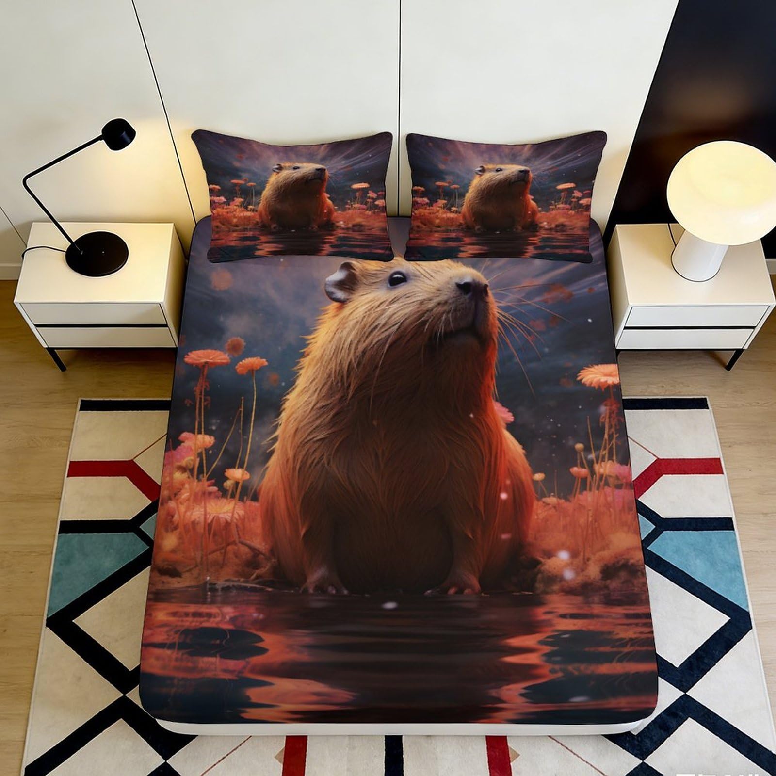 3D Printed Capybara Lake Fitted Sheet Microfiber Orange Sunset Meadow Mattress Cover Bedroom Dorm Decor 120x200cm 200x200x25cm