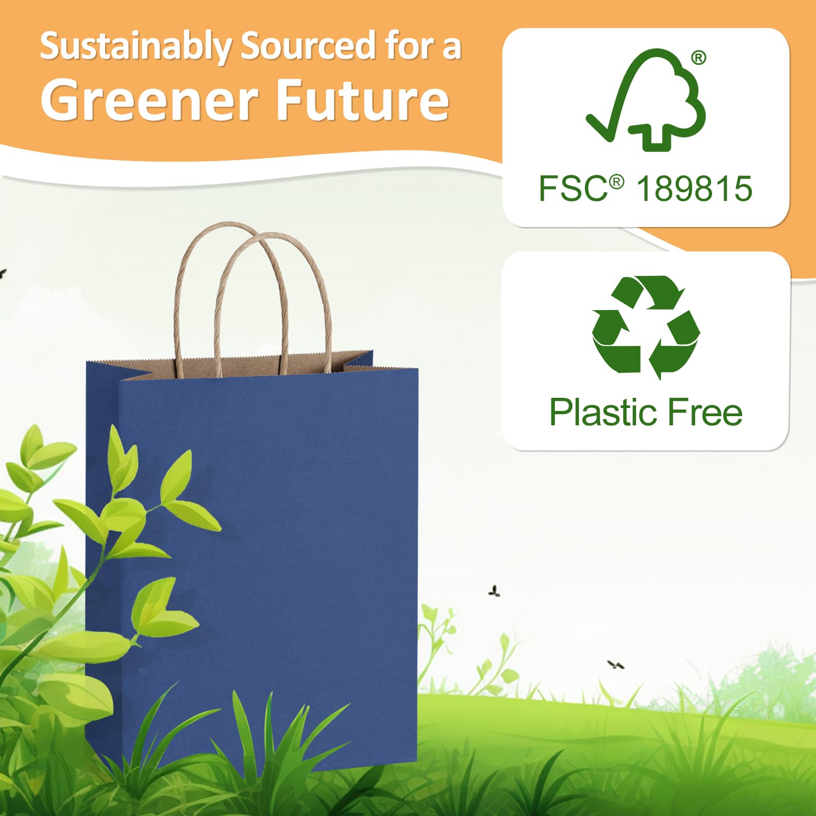 BagDream Sacchetti Regalo In Carta Kraft Blu Navy | 25 Pezzi 25,4x12,7x33 Cm | Ecologici Riciclabili Con Manici | Per Shopping E Bomboniere