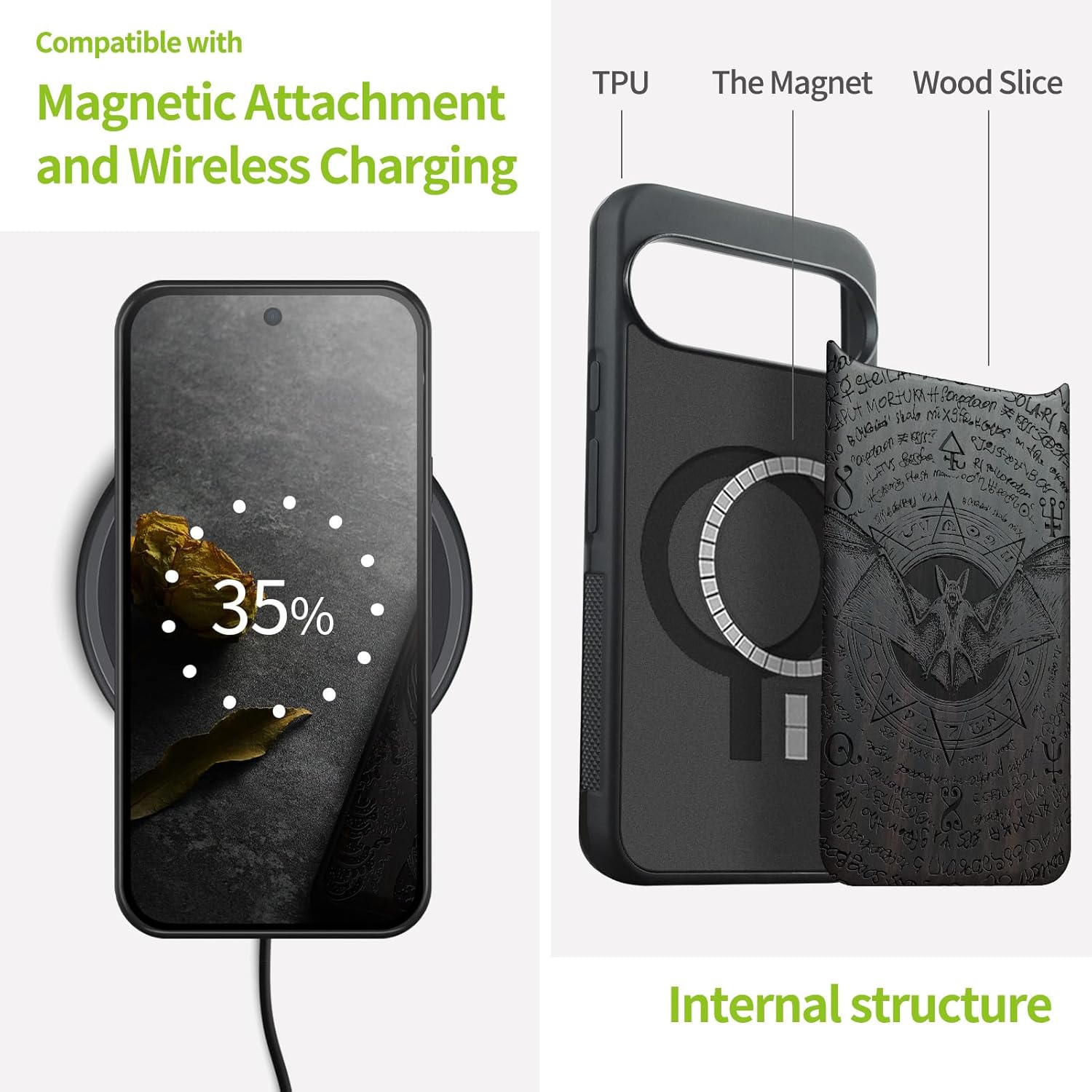 Carveit Magnetic Wooden Case for Google Pixel 10 Pro XL Case, Wood Artisan Engraved & Soft TPU Shockproof Cover, Compatible with MagSafe Wireless Chargers (Bat Within The Octagonal Star) Blackwood