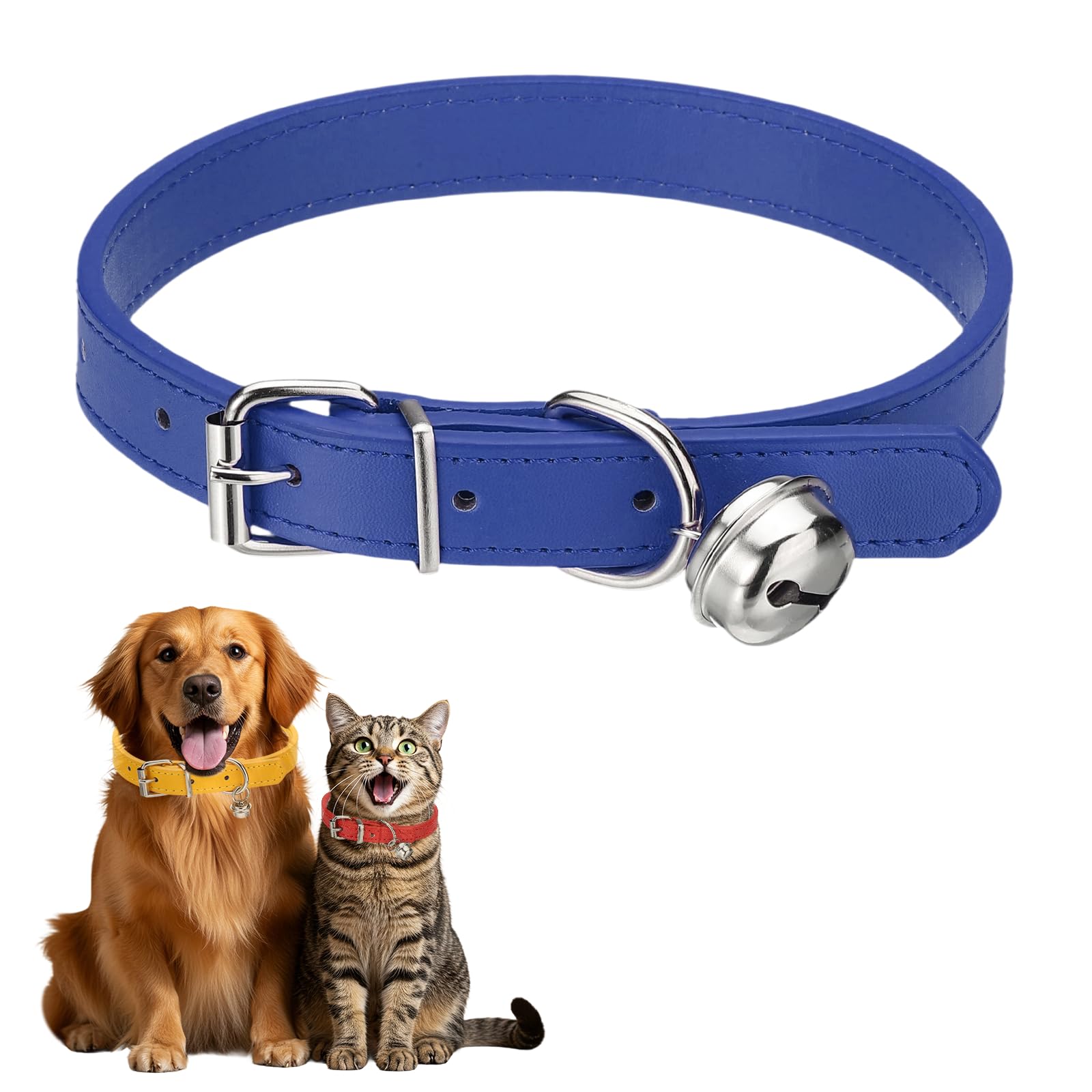 sourcing map Dog Collar with Bell, Pu Leather Cat Collars Pet Basic Soft Padded Adjustable Buckle, 20" (Navy, 1 Pcs), Intended for Teacup/Little Dog/Kitten Cats/Small Animals