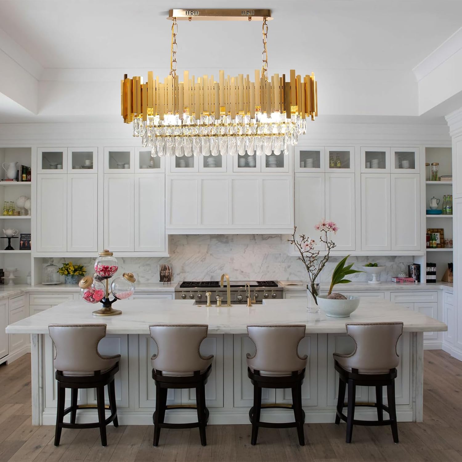 FRIXCHUR Modern Crystal Chandelier 31.5'' Gold Flush Mount Ceiling Light 3-Tier Crystal Chandeliers Oval Crystal Ceiling Pendant Light Chandelier for Dining Table Kitchen Island Living Room