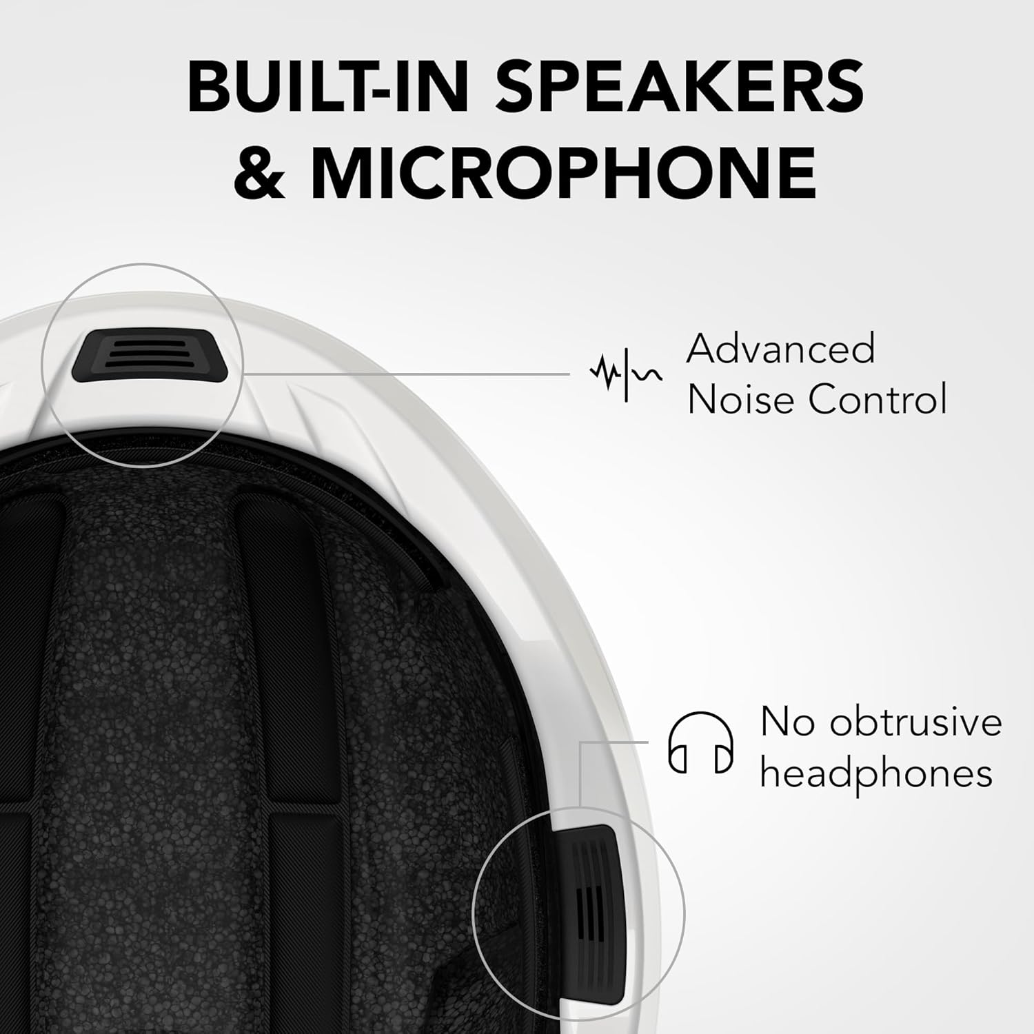 Close-up of Sena S1 helmet showing built-in speakers and microphone with Advanced Noise Control and no obtrusive headphones.