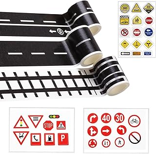 STBNVF 3 Rolls Road Tape, Road Tape for Toy Cars, Road Sign, Floor Marking Tape with 3pcs Road Signs Sticker, Removable Train Track Tape, for DIY Traffic Road Sign Interactive Play Classroom Playroom