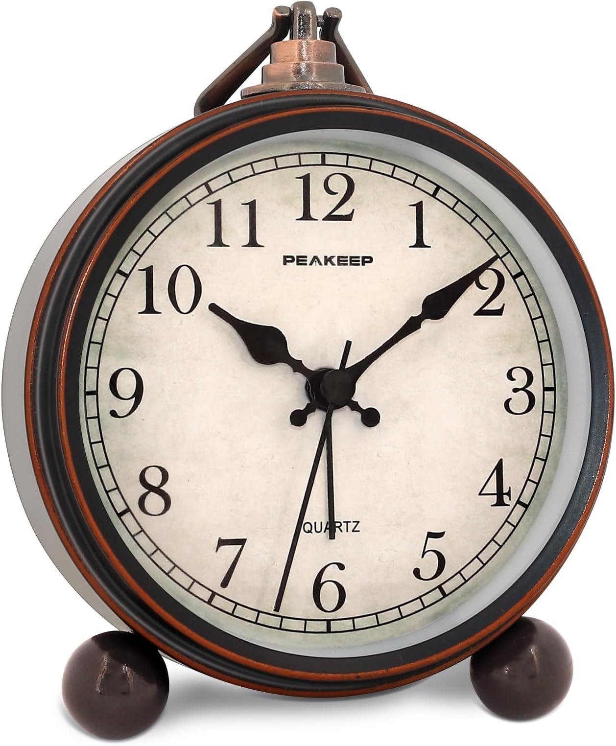 Peakeep 4" Small Battery Operated Antique Retro Analog Alarm Clock with Contour Lines in Gold for Room Decors, Silent Elegant Bedside Desk Gift Clock